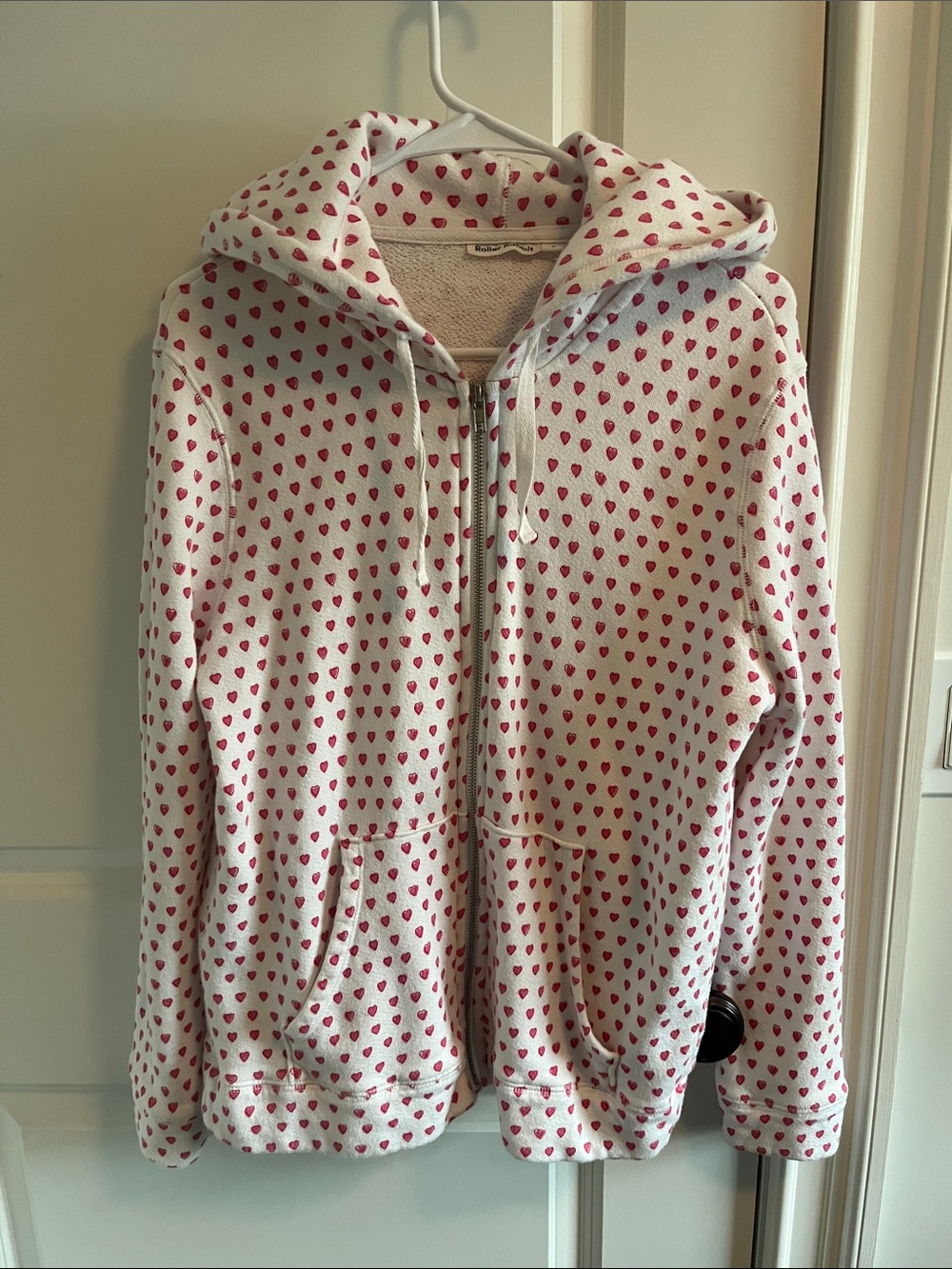 White Hoodie Zip Sweater with Red Heart Print